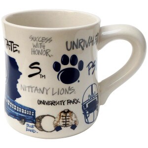 white mug with multi Penn State phrases and art